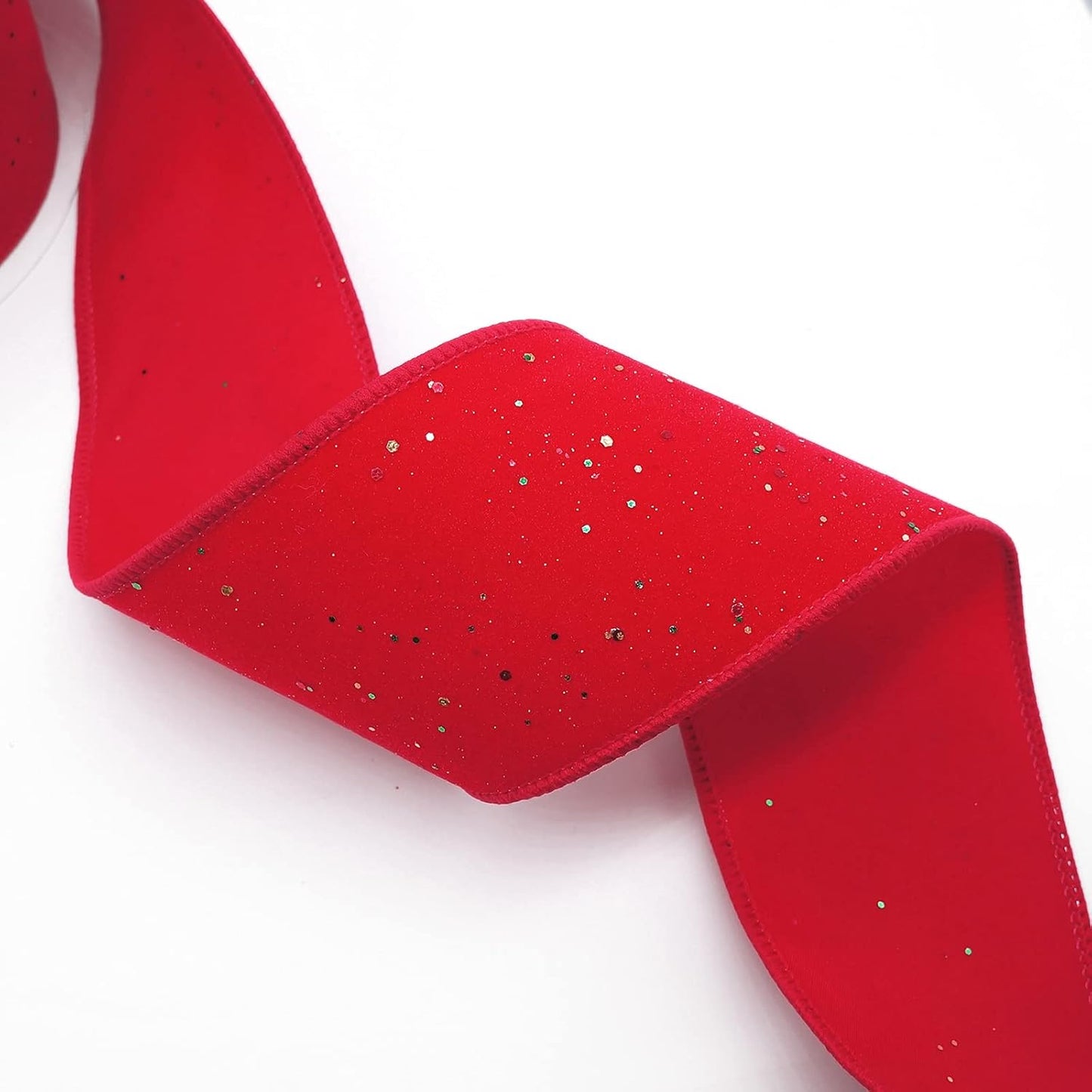 CT CRAFT LLC Red Velvet with Confetti Glitter Wired Ribbon 2.5 Inch x 10 Yards for Christmas Home Decor Tree Topper Bow Gift Wrapping DIY Crafts Wreath Garland