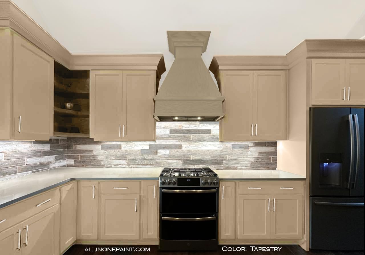 ALL-IN-ONE Paint, Durable cabinet and furniture paint. Built in primer and top coat, no sanding needed. Includes our 30 featured color card - Tapestry (khaki brown), Quart