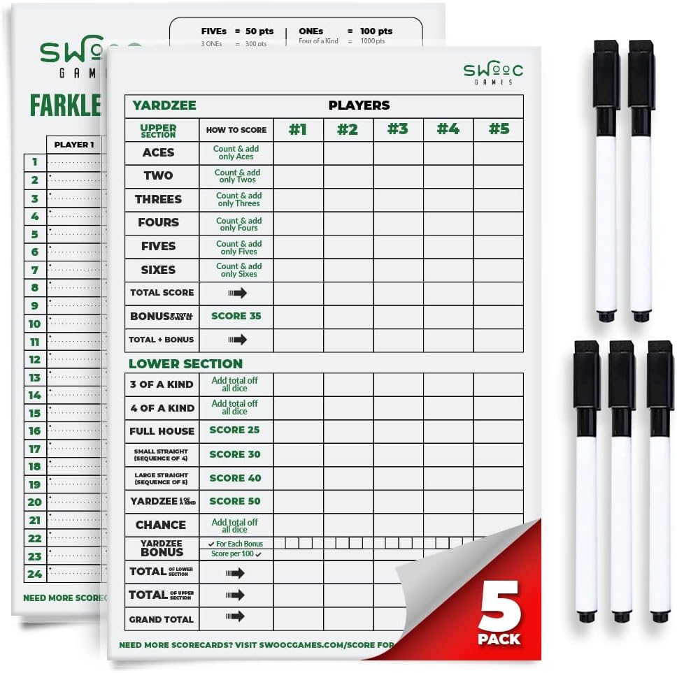 SWOOC Games® - 5 Big Premium Laminated Yardzee & Farkle Score Cards (11.5in x 8in) with Rules - Large Reusable Dry Erase Pads for Giant Outdoor Dice