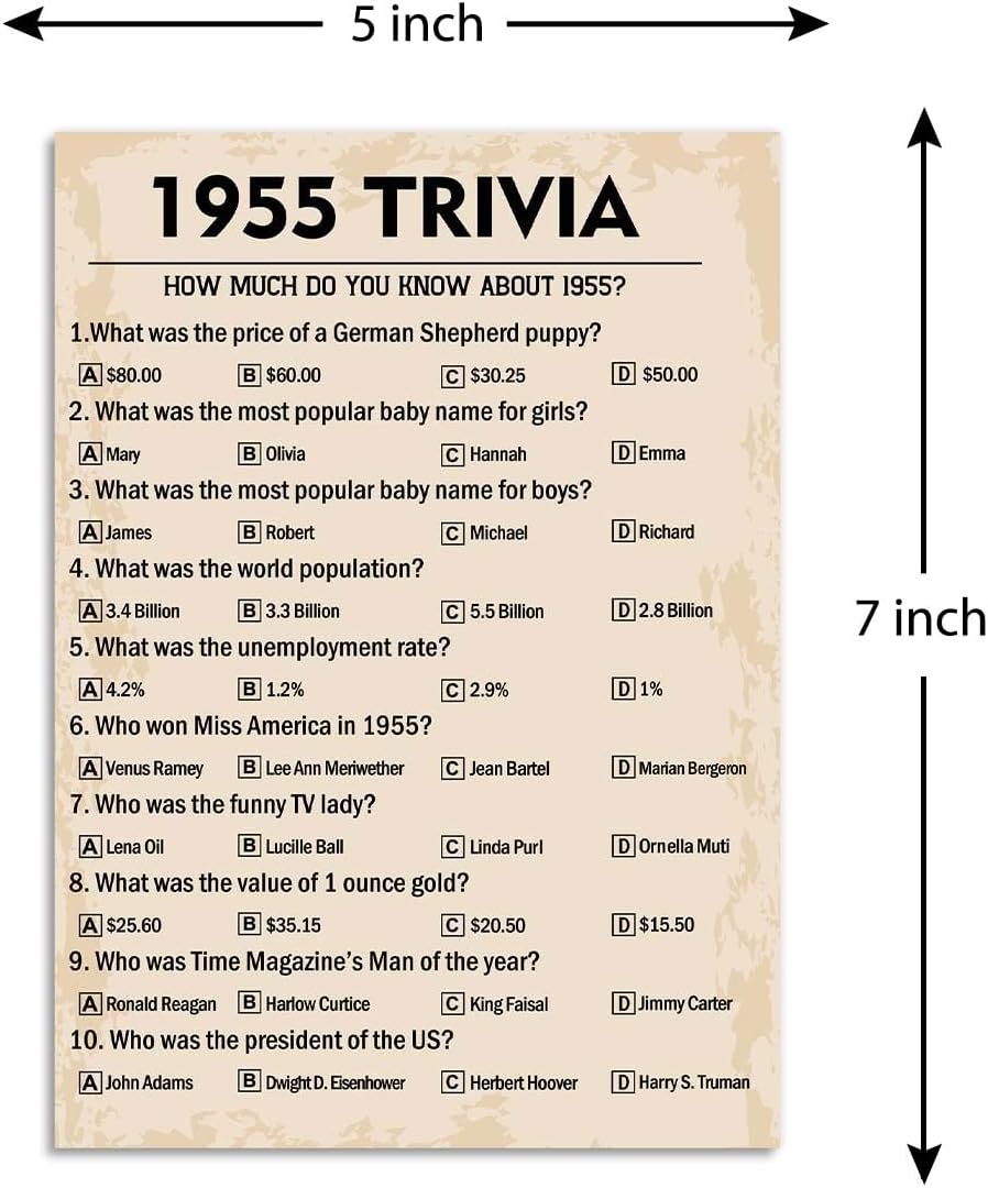 QUPT 70th Birthday Party Games, 1955 Trivia Games, Birthday Party Supplies for Adults, Fun 1955s Party Game, Pack of 30 Cards