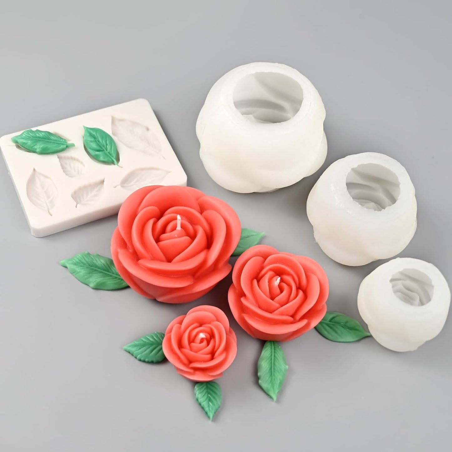 Rose Candle Molds, 4 Pcs Set of Large + Medium + Small 3D Rose Flower Silicone Molds with Leaf Mold for Candle Making, Epoxy Resin Casting, Wax Soap Clay Plaster Home Décor Handmade Gift