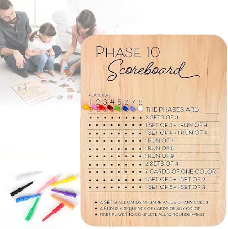 Phase 10 Score Board, 2025 New Wooden Phase 10 Scoreboard and Round Tracker with 8 Colored Pegs, Phase 10 Score Sheets, Board Card Games for Party Family Adults