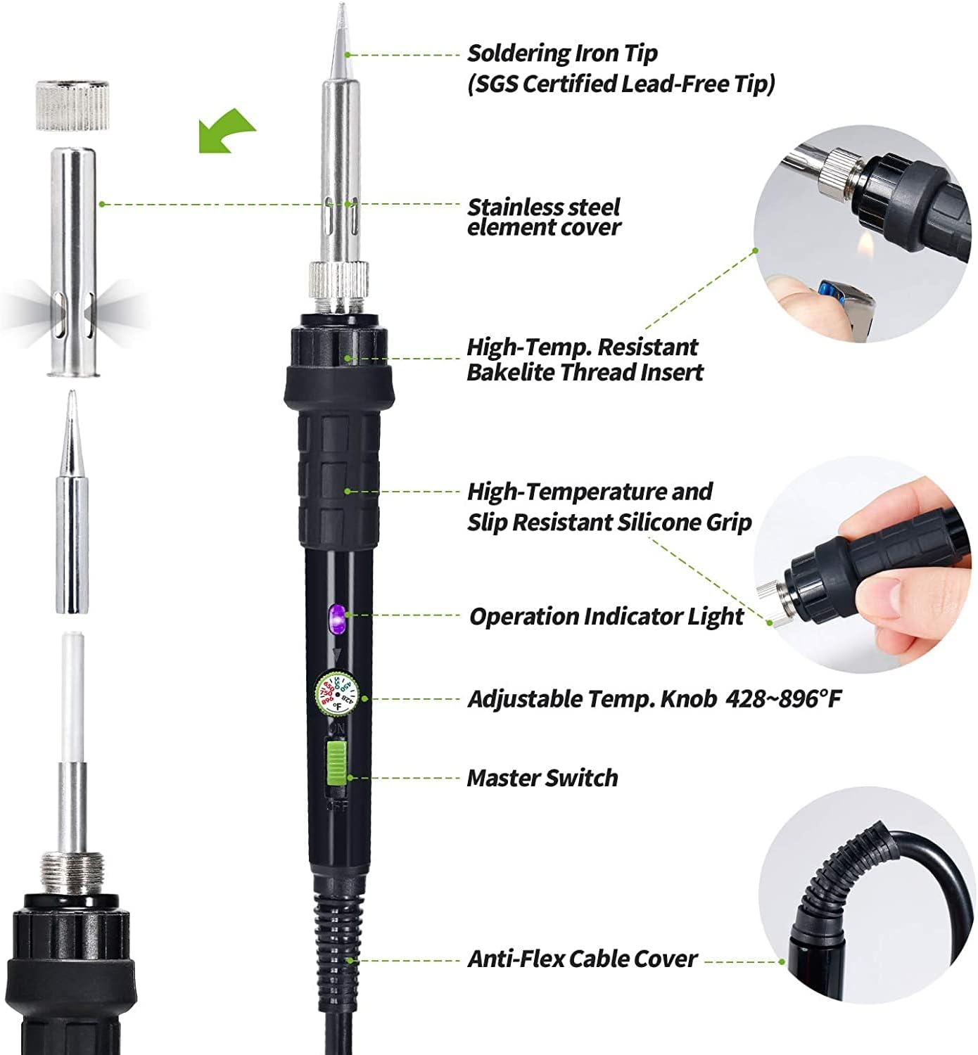 YIHUA 947-III 60W Soldering Iron Kit Temperature Adjustable 428-896°F 2-IN-1 Soldering Kit with Simple Soldering Iron Stand and Cleaning Sponge 110V US Power Plug