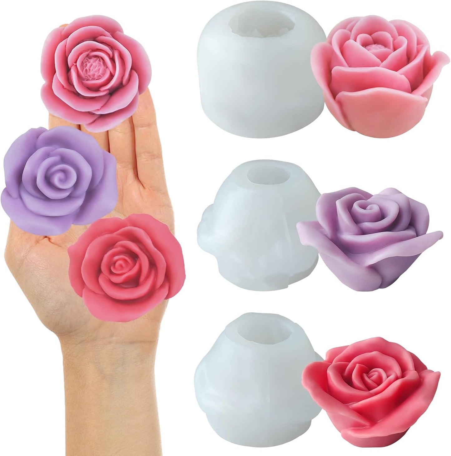 JDH 3 PCS Rose Flower Molds Flower Silicone Candle Mold Candle molds for Candle Making for DIY Scented Candle, Soy Wax, Cake, Soap, Resin Casting Craft Making