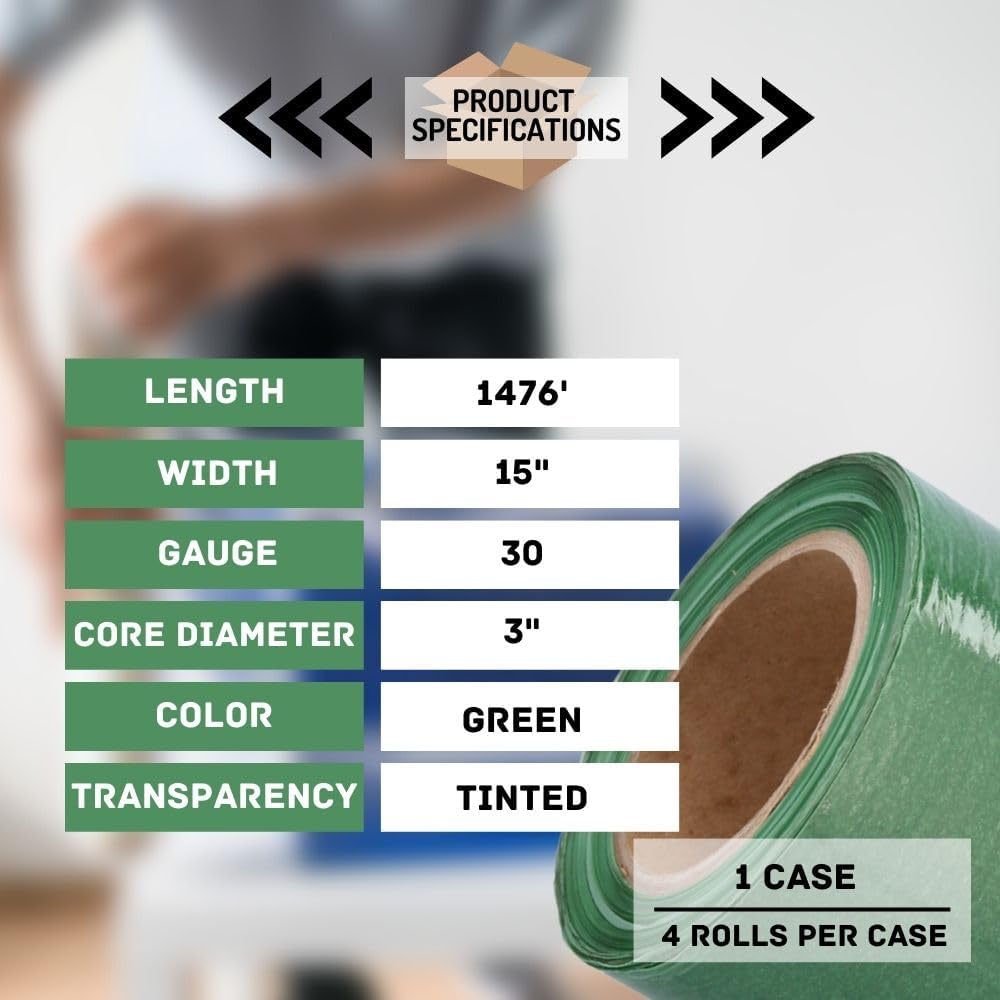 PSBM Green Stretch Wrap, 15 Inch x 1476 Feet, 4 Pack, Tinted Pre-Stretched Shrink Wrap Film for Moving, Packaging, Pallet Wrapping