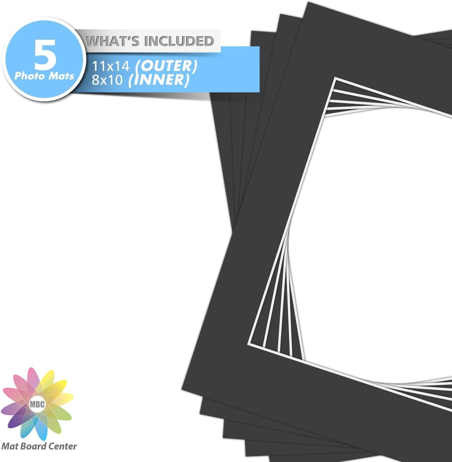 MBC Mat Board Center, Pack of 5, 11x14 for 8x10 Black Photo Picture Mat - Acid Free, 4-ply Thickness, White Core - for Pictures, Photos, Framing
