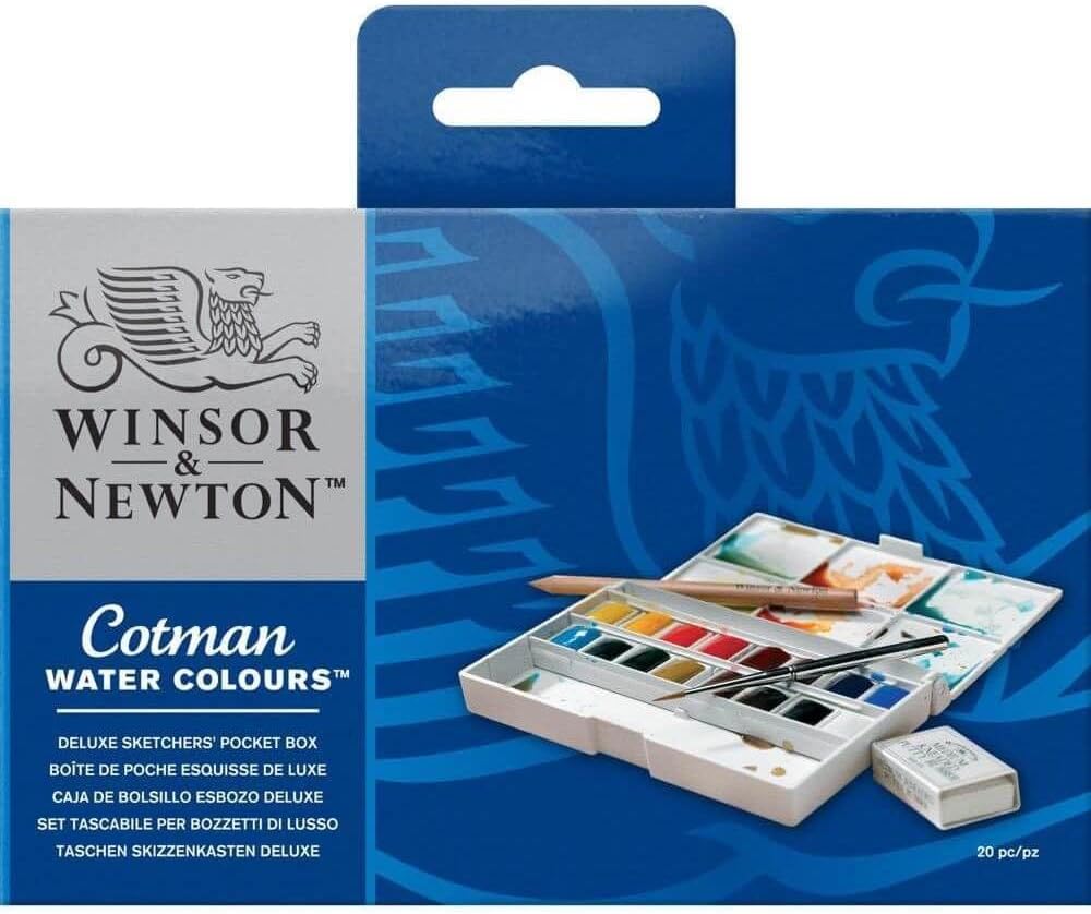 Winsor & Newton Cotman Watercolor Paint Set, Complete Pocket Set, 16 Half Pan w/ Brush, Eraser, Mixing Palette