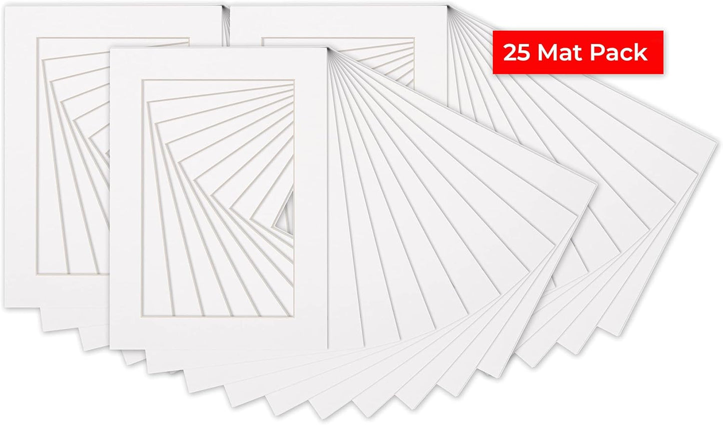 Pack of 25 Acid Free 8x10 Mats Bevel Cut for 5.5x8.5 Photos - White Precut Matboards With Backing Boards and Clear Photo Mat Bags For Pictures, Photos, Framing - 4-ply Thickness