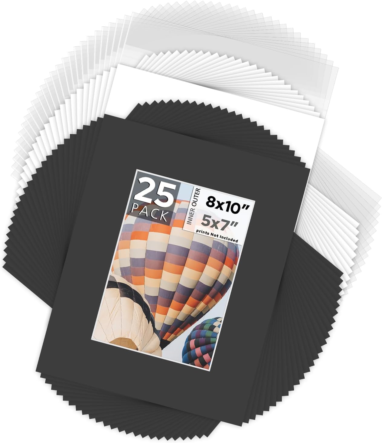 Mat Board Center, Pack of 25, 8x10 for 5x7 Black Picture Mat Sets - Acid Free, 4-ply Thickness, Bevel Pre-Cut White Core - Includes Backing Boards and Clear Bags - for Pictures, Photos, Framing