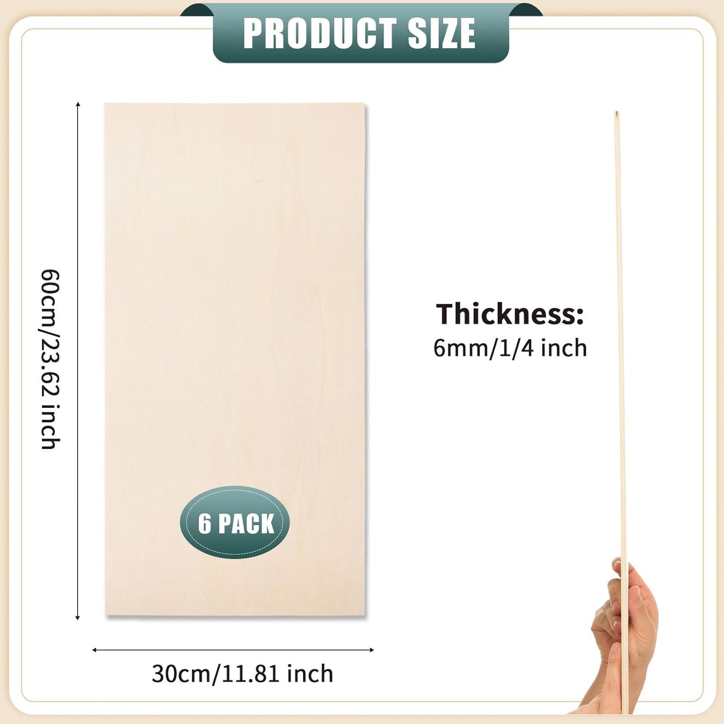 6 Pack 12 x 24 x 1/4 Inch-6mm Thick Basswood Sheets for Crafts Unfinished Plywood Sheets Rectangular Wood Panel Boards for DIY Laser Project, Wood Burning, Engraving, Architectural Models, Staining