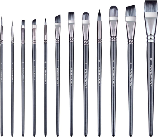 Transon Artist Paint Brush Set of 12 for Watercolor Acrylic Gouache Oil and Tempera Painting