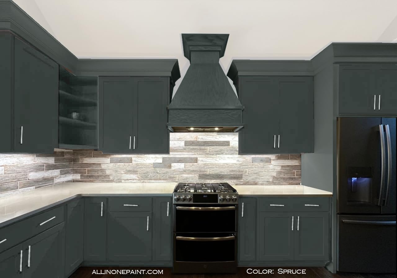 ALL-IN-ONE Paint, Durable cabinet and furniture paint. Built in primer and top coat, no sanding needed. Includes our 30 featured color card - Spruce (gray green with slight blue undertone), Gallon