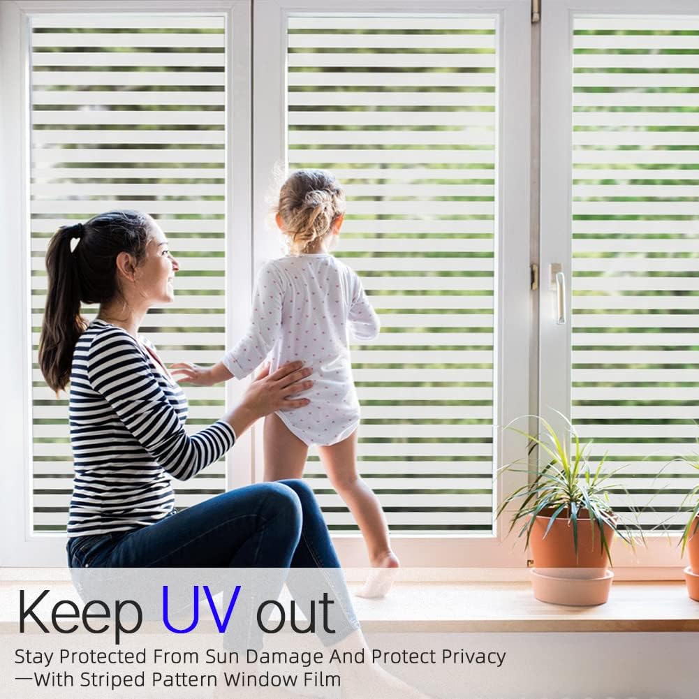 Qualsen Window Films Privacy Frosted Stripe Window Film Blinds Windows Privacy Windows Glass Films for Meeting Room Home Office 17.4x78.7 inch(44.3x200cm