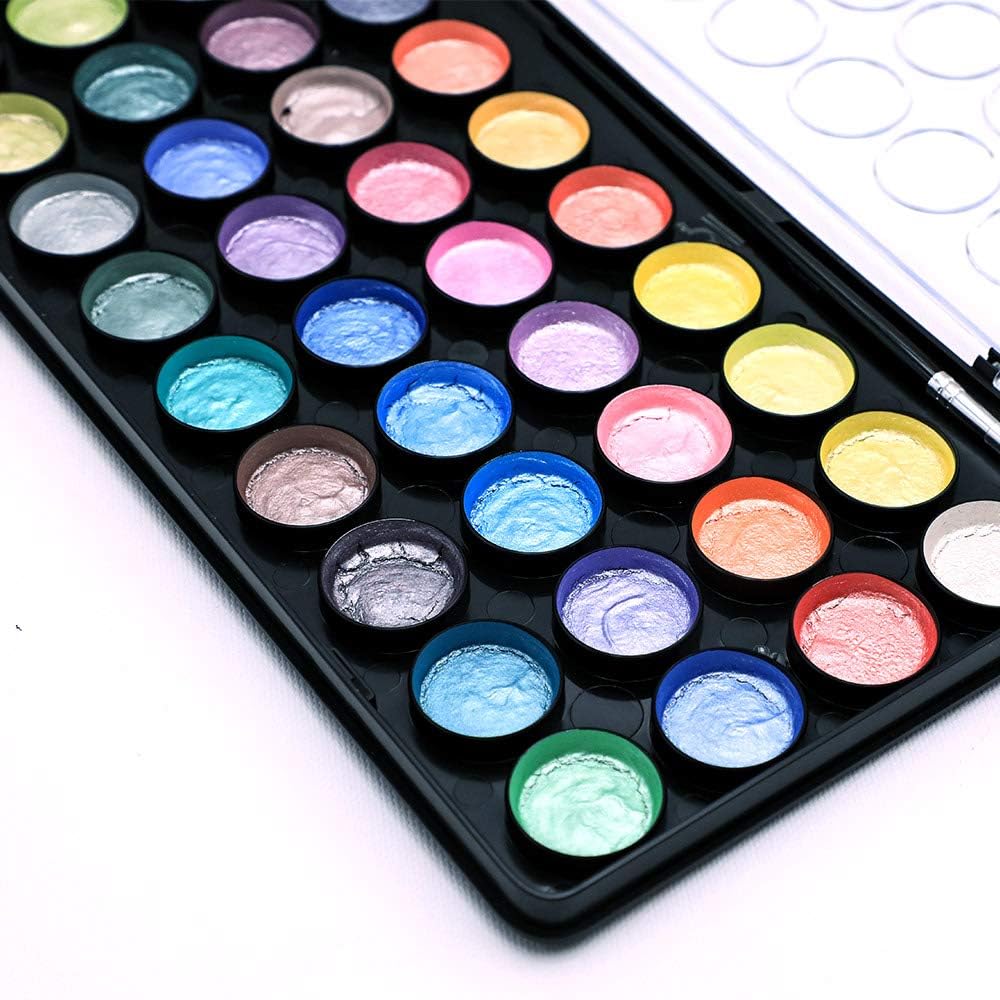 Mont Marte Signature Metallic Watercolor Set, 37 Piece Pearl Paint, 36 Vibrant Colors, 1 Paint Brush