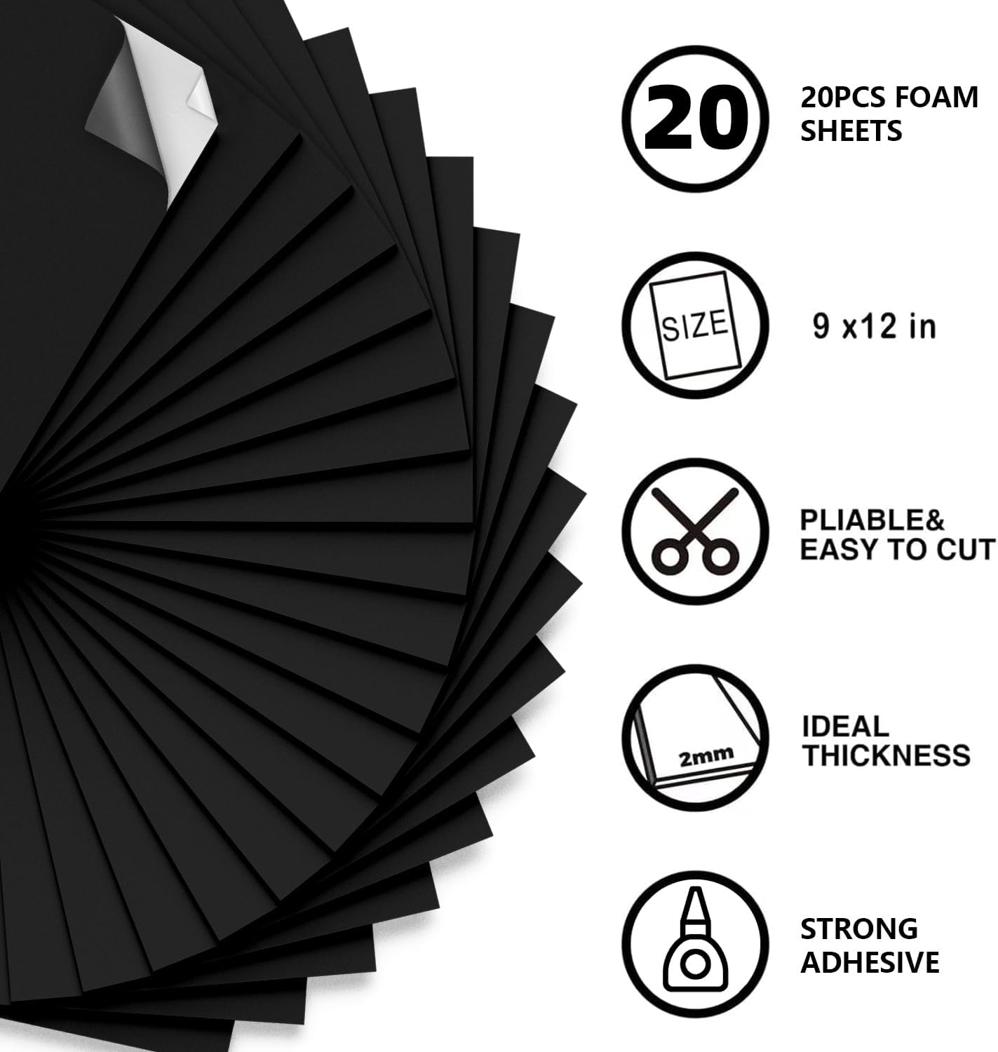 MEARCOOH 20-Pack Self Adhesive Foam Sheets, Black 2mm Sticky Eva Foam Paper 9x12 Inch for Crafts Cardmaking Photo Frames Classroom Scrapbooking