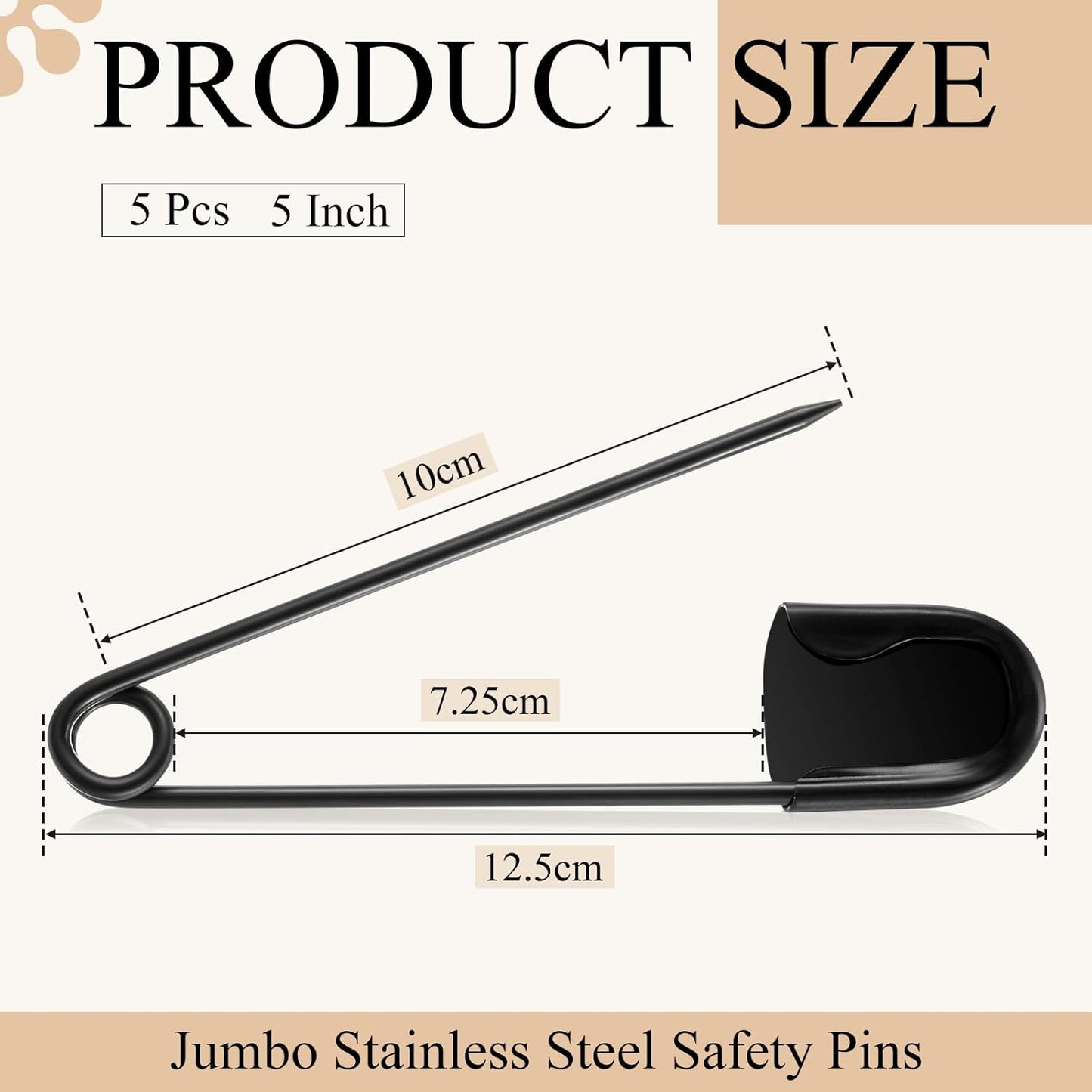 Juexica 5 Pcs 5 Inch Jumbo Stainless Steel Safety Pins Large Heavy Duty Huge Strong Laundry Pins for Upholstery Sewing Quilting Key Rings Craft Outdoor (Black)