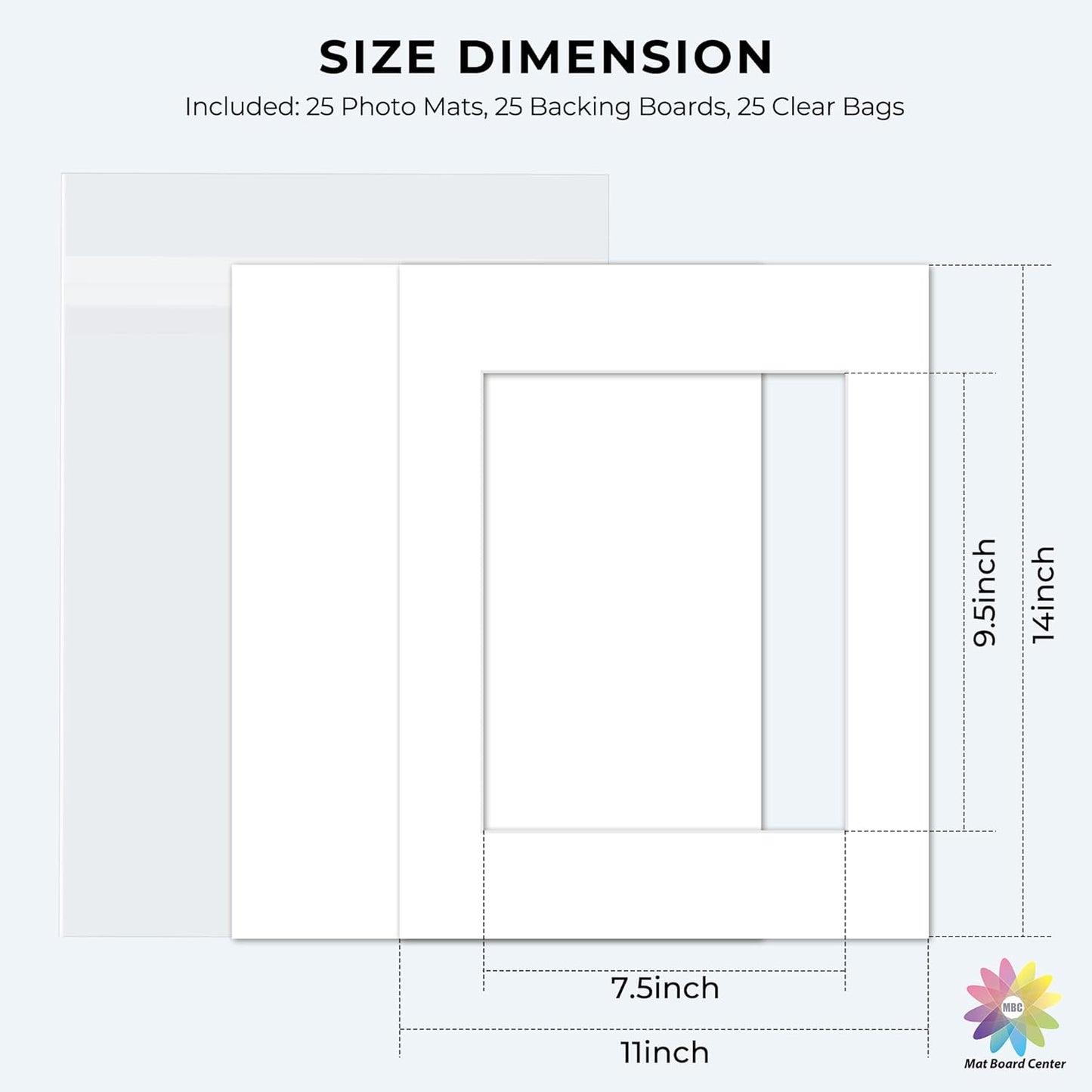 Mat Board Center, Pack of 25, 11x14 for 8x10 White Picture Mat Sets - Acid Free, 4-ply Thickness, Bevel Pre-Cut White Core - Includes Backing Boards and Clear Bags - for Pictures, Photos, Framing