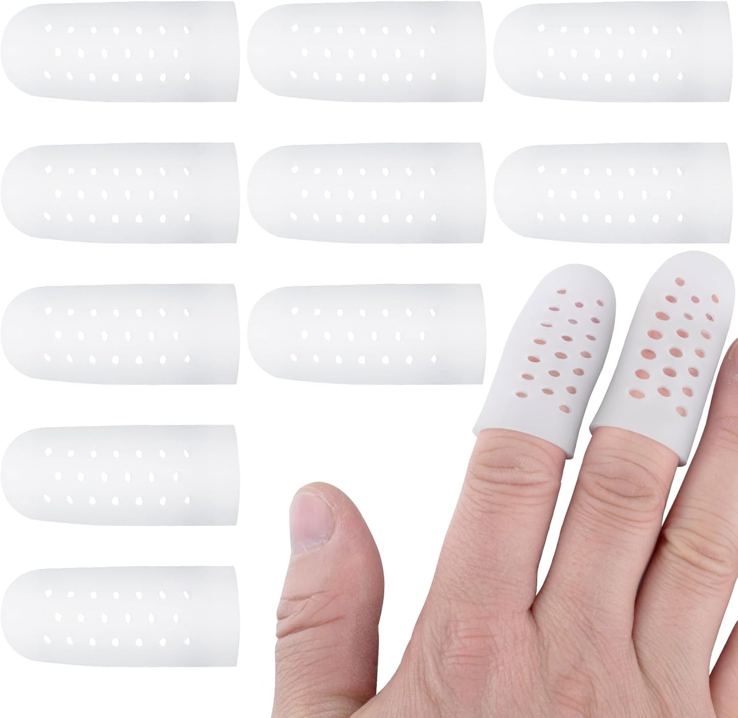 PAGOW 10pcs Gel Finger Cots/Covers, Silicone Finger Protector Support, Finger Caps Finger Sleeves Thumb Protector for Finger Cracking Trigger Finger Arthritis Pain Relief (White, Small)