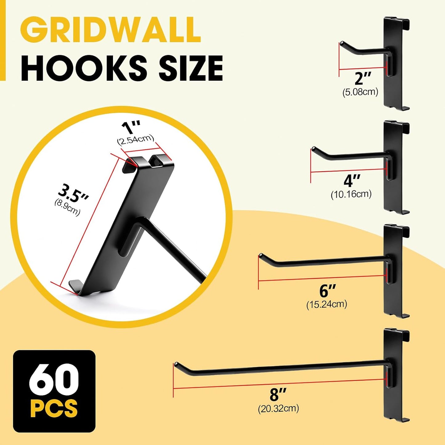 Gridwall Hooks 8 Inch, 60 Pack Heavy Duty Display Hooks for Grid Wall, Grid Panel Hooks Hangers, Grid Wall Accessories for Retail, Craft Shows, Home Setup and Customized Display, Black
