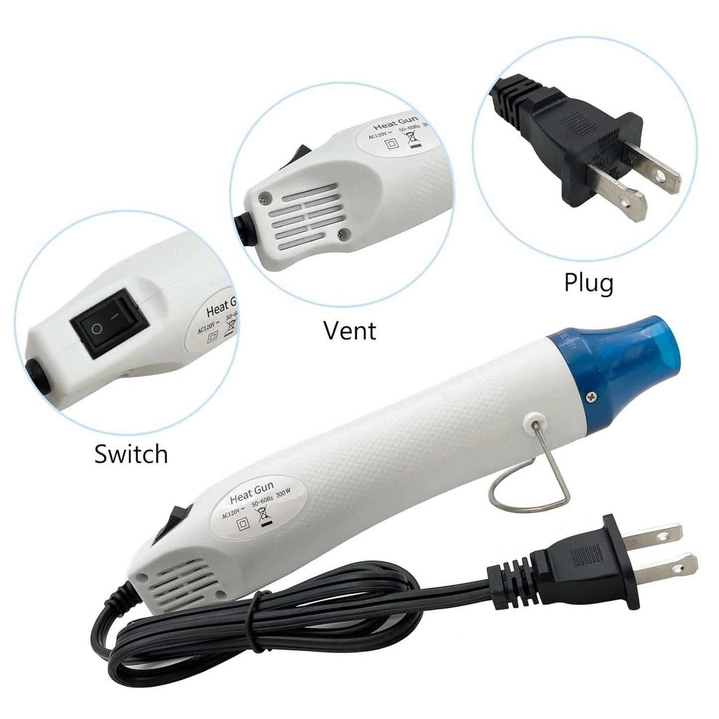 Mini Heat Gun, Portable Hot Air Gun Tool for DIY Crafts Heat Shrink Gun for Epoxy Resin, Embossing, Shrinking Wrapping Drying Paint Removing Stickers (White)