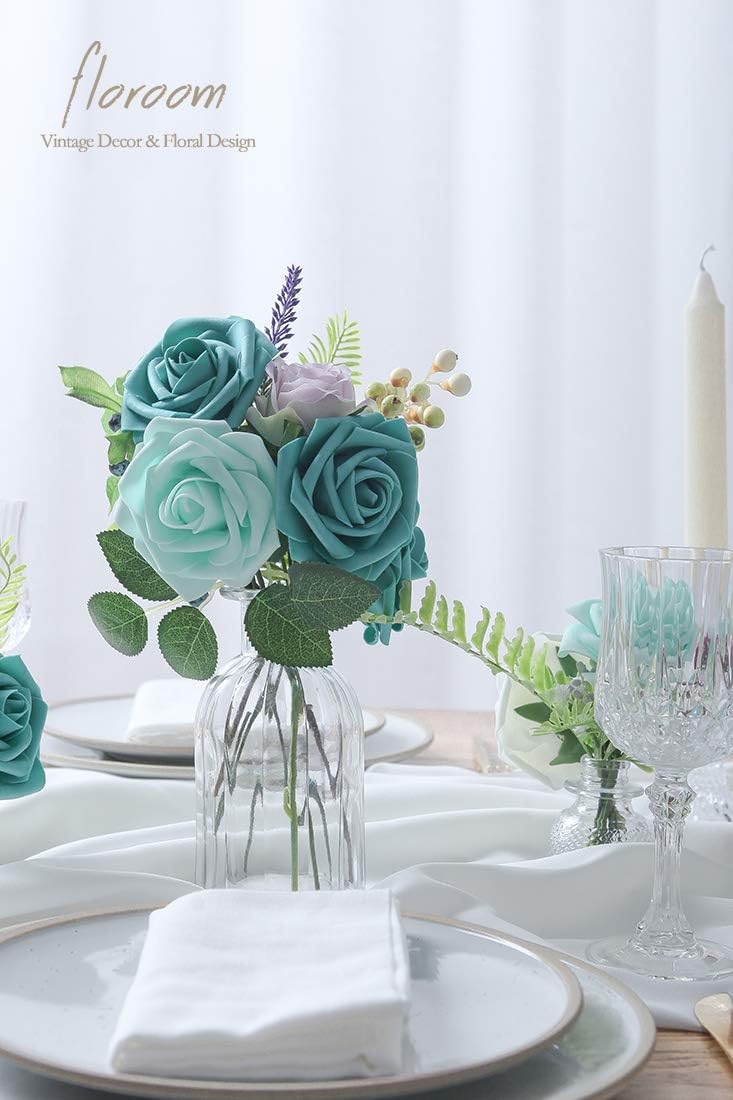 Floroom Artificial Flowers 25pcs Real Looking Robin's Egg Blue Foam Fake Roses with Stems for DIY Wedding Bouquets Baby Shower Centerpieces Floral Arrangements Party Tables Home Decorations