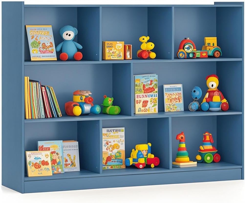 Toy Storage Organizer, 2-Tier Kids Bookshelf, 5 Cube Kids' Bookcases, Cabinets & Shelves, Wooden Toy Organizers, Small Book Shelf for Bedroom, Playroom, Classroom, Nursery (Blue, 3-Tier)