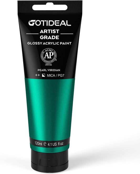 GOTIDEAL Metallic Acrylic Paint Pearl Viridian Green Tubes(120ml, 4.1 oz) Non Toxic Non Fading,Rich Pigments for Painters, Adults & Kids, Ideal for Canvas Wood Clay Fabric Ceramic Craft Supplies