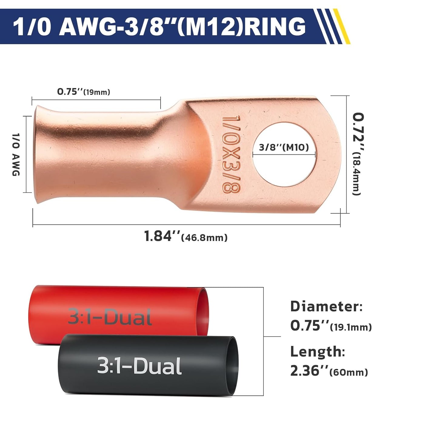 haisstronica 10pcs 1/0 AWG - 3/8"(M10) Battery Cable Lugs, Heavy Duty Copper Wire Lugs with 10pcs 3:1 Adhesive Heat Shrink Tubing,0 Gauge Wire Connectors Battery Terminal Connector,Battery Cable Ends