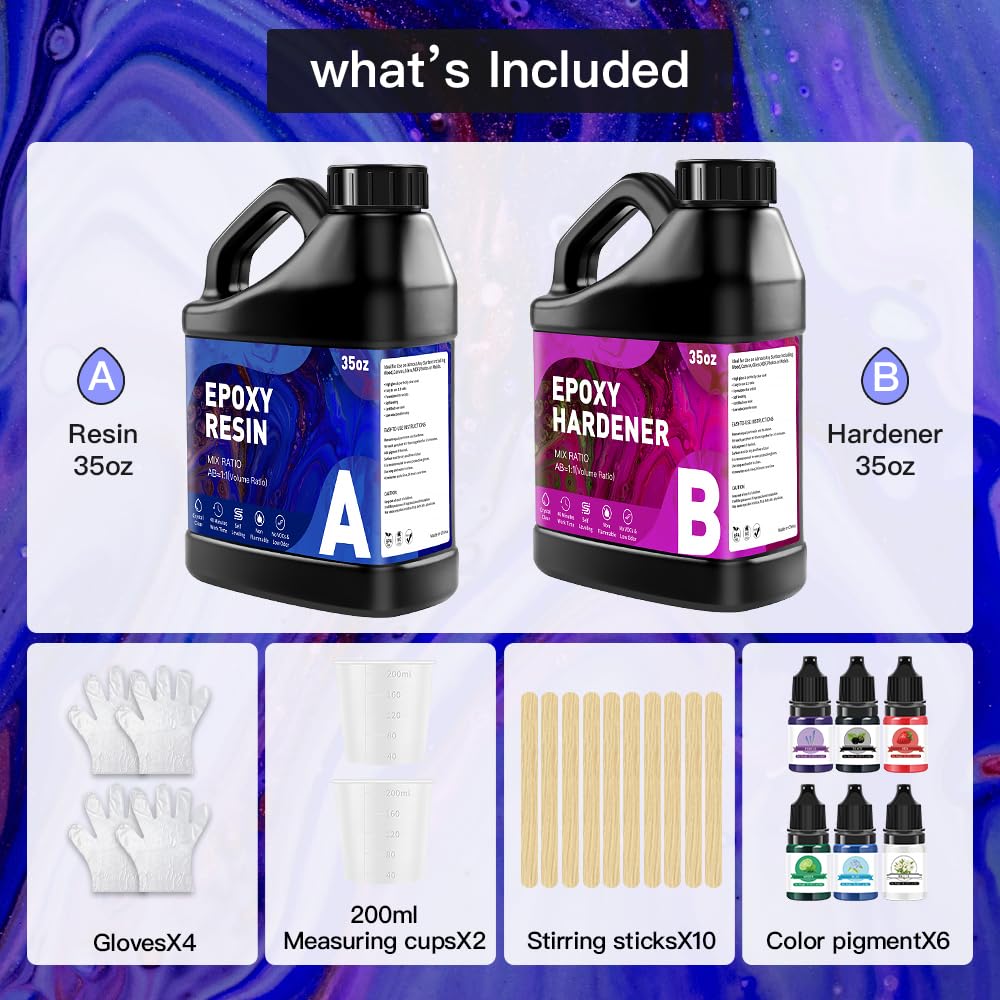 70OZ Epoxy Resin Kit, Clear Resin Epoxy Kit (35OZ×2), Self-Leveling Coating & Casting for Art Crafts, Jewelry Making, Molds, Art Resin, Not Yellowing & Bubble Free, 1:1 Easy Mix