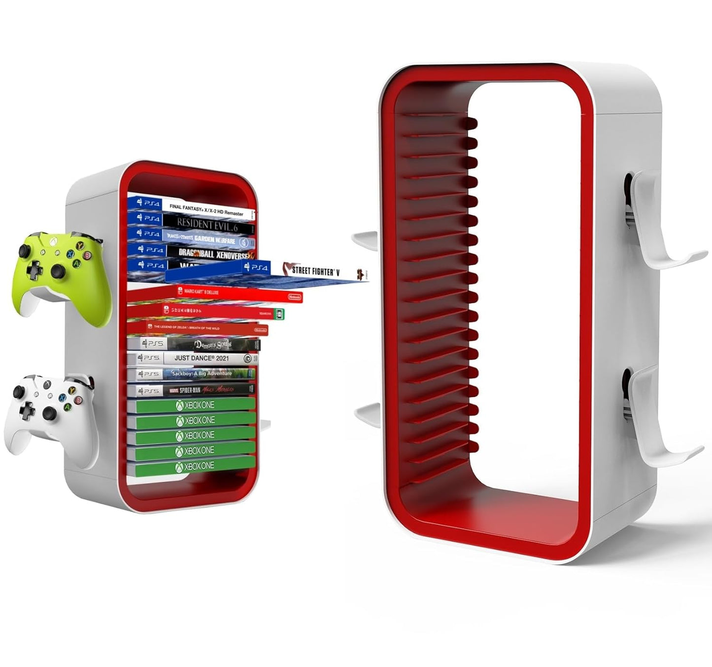 Wigmoa OYO-1 15.8INCH Game Storage Tower - PS5/Xbox Series/Switch Compatible, 18 Disc Organizer with 4 Controller Holder, Red/White