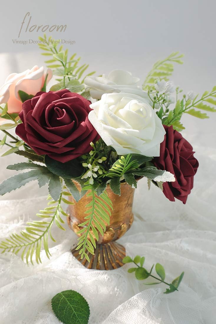 Floroom Artificial Flowers 50pcs Real Looking Burgundy Foam Fake Roses with Stems for DIY Wedding Bouquets Red Bridal Shower Centerpieces Floral Arrangements Party Tables Home Decorations
