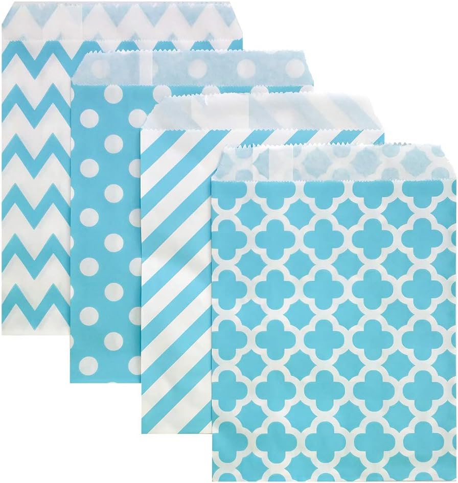 KEYYOOMY 100 Pcs Blue Candy Buffet Bags Small Cookie Bags Polka Dot Paper Treat Bag for Wedding Birthday Party (5 inch x 7 inch)