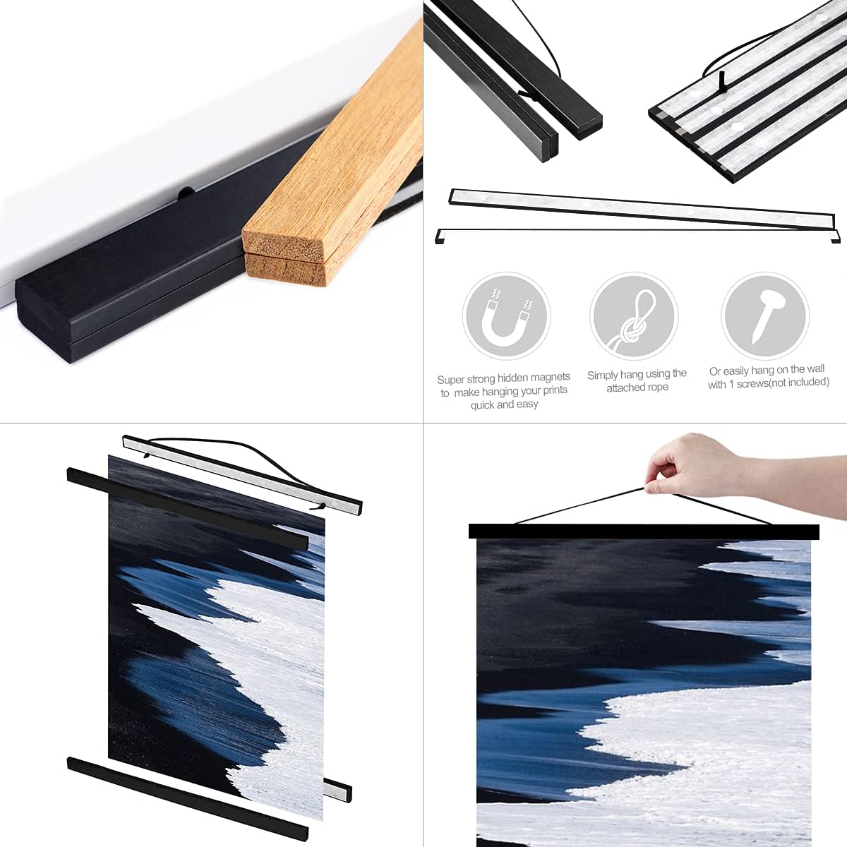 Ywlake Magnetic Poster Hanger, 34x22.5 34 x 22 34x24 Poster Frame Wood Wooden Magnet Print Posters Dowel Scroll Hanger Hangers Hanging Kit for Walls Map Canvas Artwork (Black, 34")