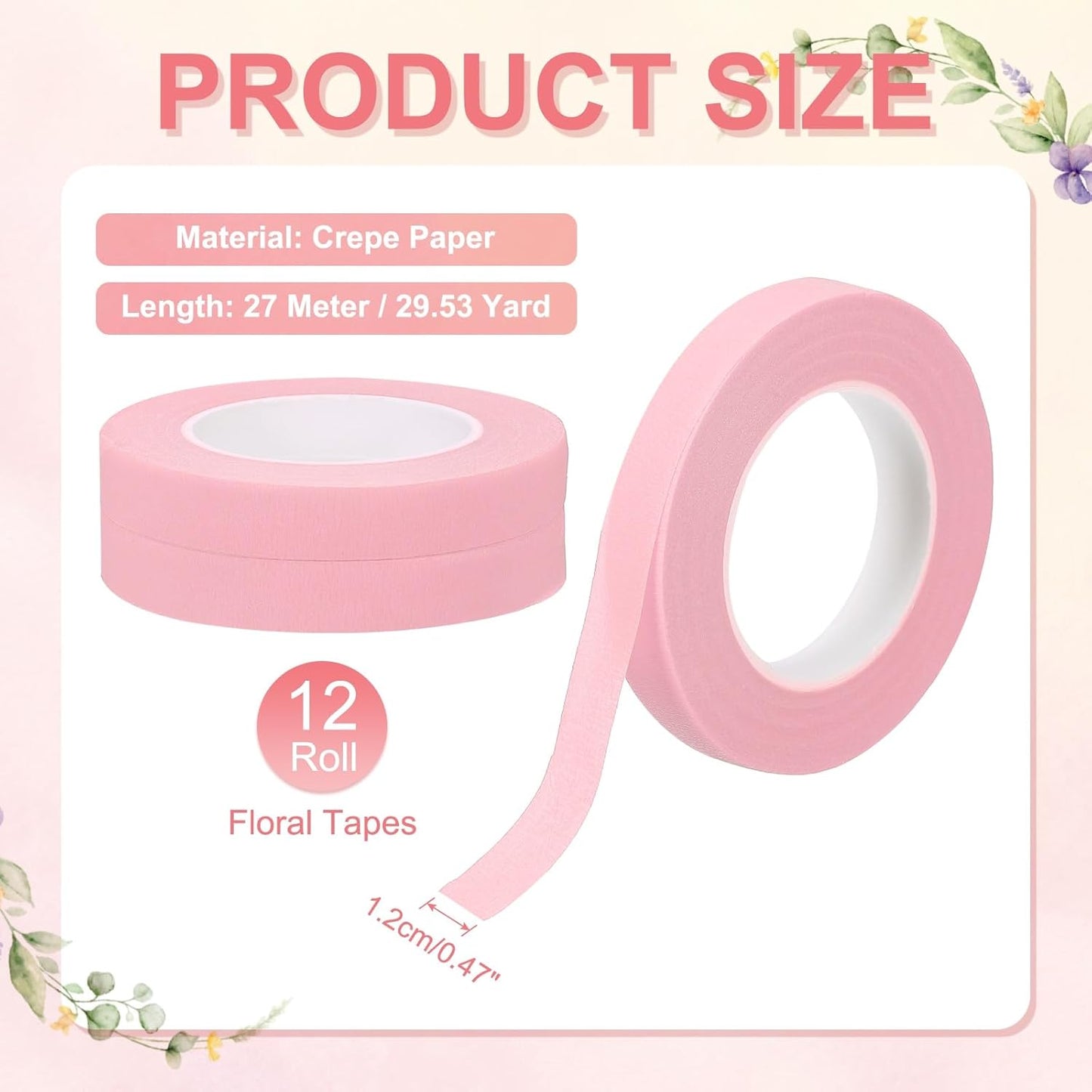 MECCANIXITY 12 Rolls Floral Tapes, 30 Yard x 1/16 in Florist Crepe Flowers Bouquets Tape Adhesive Waterproof for Flower Arranging Wrapping, Pink