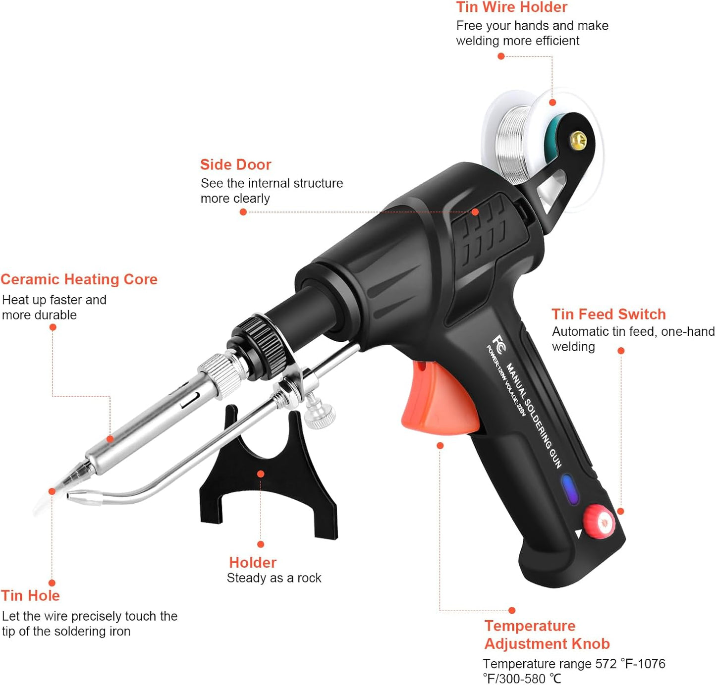 Upgrade 120W Soldering Iron Kit with Ceramic Heater, Automatic Soldering Gun Kit Includes 3 Solder Wire, 3 Interchangeable Tips, 2 Tweezers, Desoldering Pump, Basic Stand with Sponge