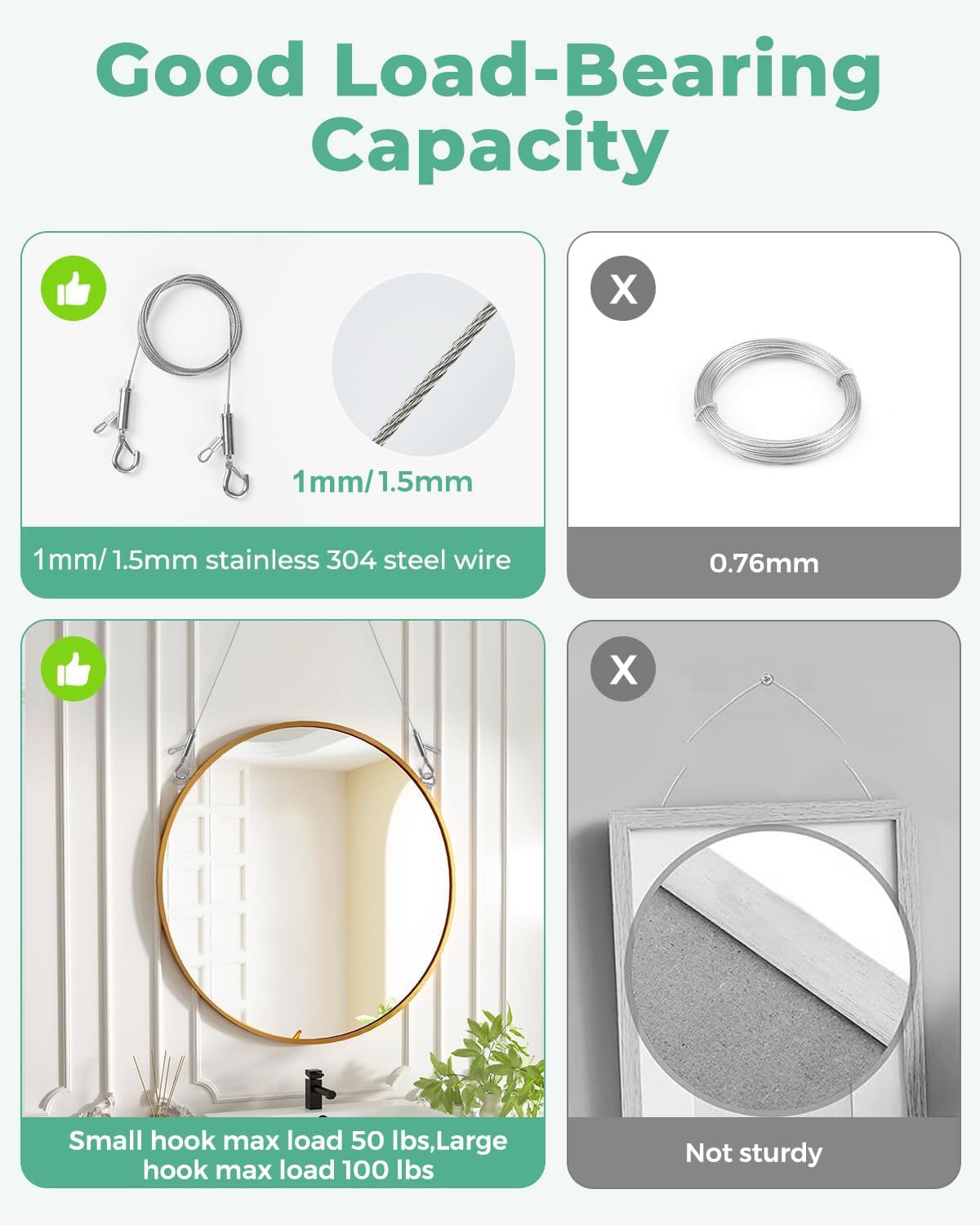 2PCS Adjustable Picture Hanging Wire 1.5m x 1.5mm Large Hooks, Picture Frame Wire Kit Heavy Duty 100lbs, Stainless Steel for Art, Mirror, Light Lamp, Billboards, Basket Flowerpot