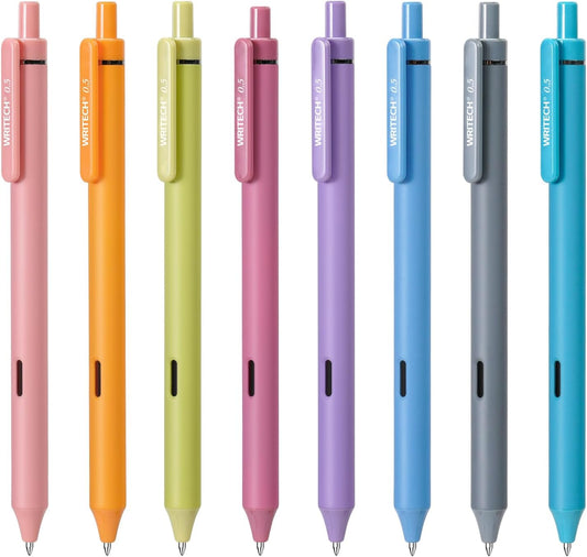 WRITECH Fine Point Gel Pens: 8ct 0.5mm Multi Colored Ink Colors Retractable Pen for Smooth Writing Note Taking Journaling Assorted Coloring No Bleed & Smear & Smudge (Vintage Set)