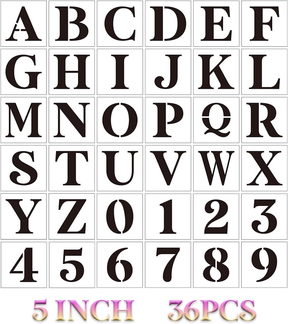 5 inch Letter Stencils for Painting On Wood,36pcs Stencils Letter Alphabet Number Stencil Templates for Wood Wall Signs Door Porch Fabric