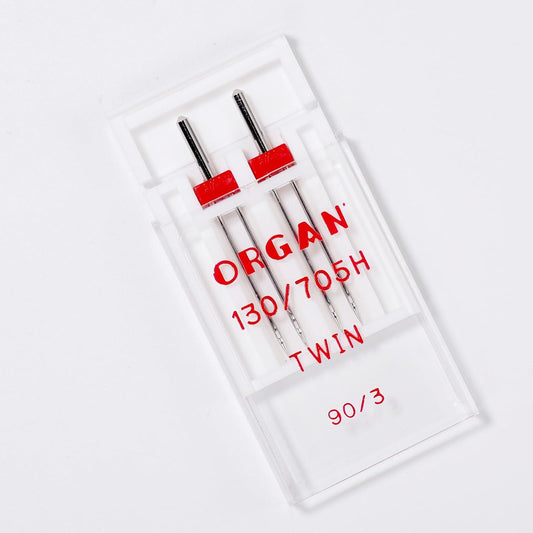 Organ Twin Sewing Machine Needles (Double Needle) Size 90/14 3.0mm, for Medium-Heavy Fabrics, Topstitching, Hems, Compatible with Singer, Brother, Janome Home Machines