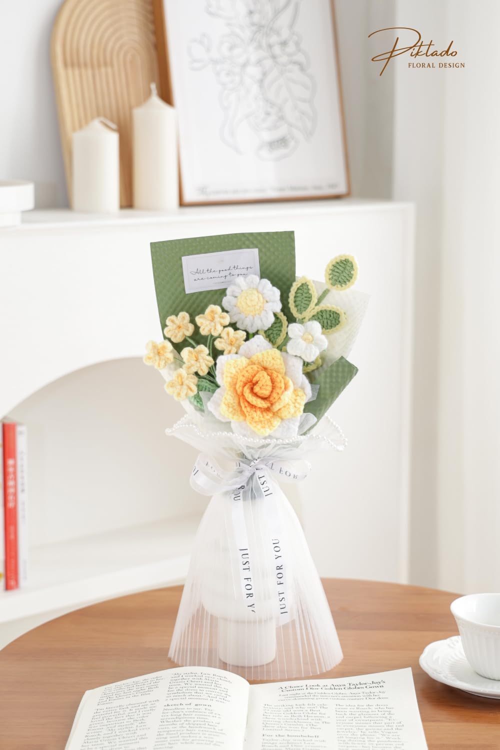 Hand-Woven Flower Bouquet Finished（1pcs） for Valentine's Day Girlfriend Birthday Gift Wedding Decoration Crochet Artificial Flower, Bouquet Gift (Yellow)