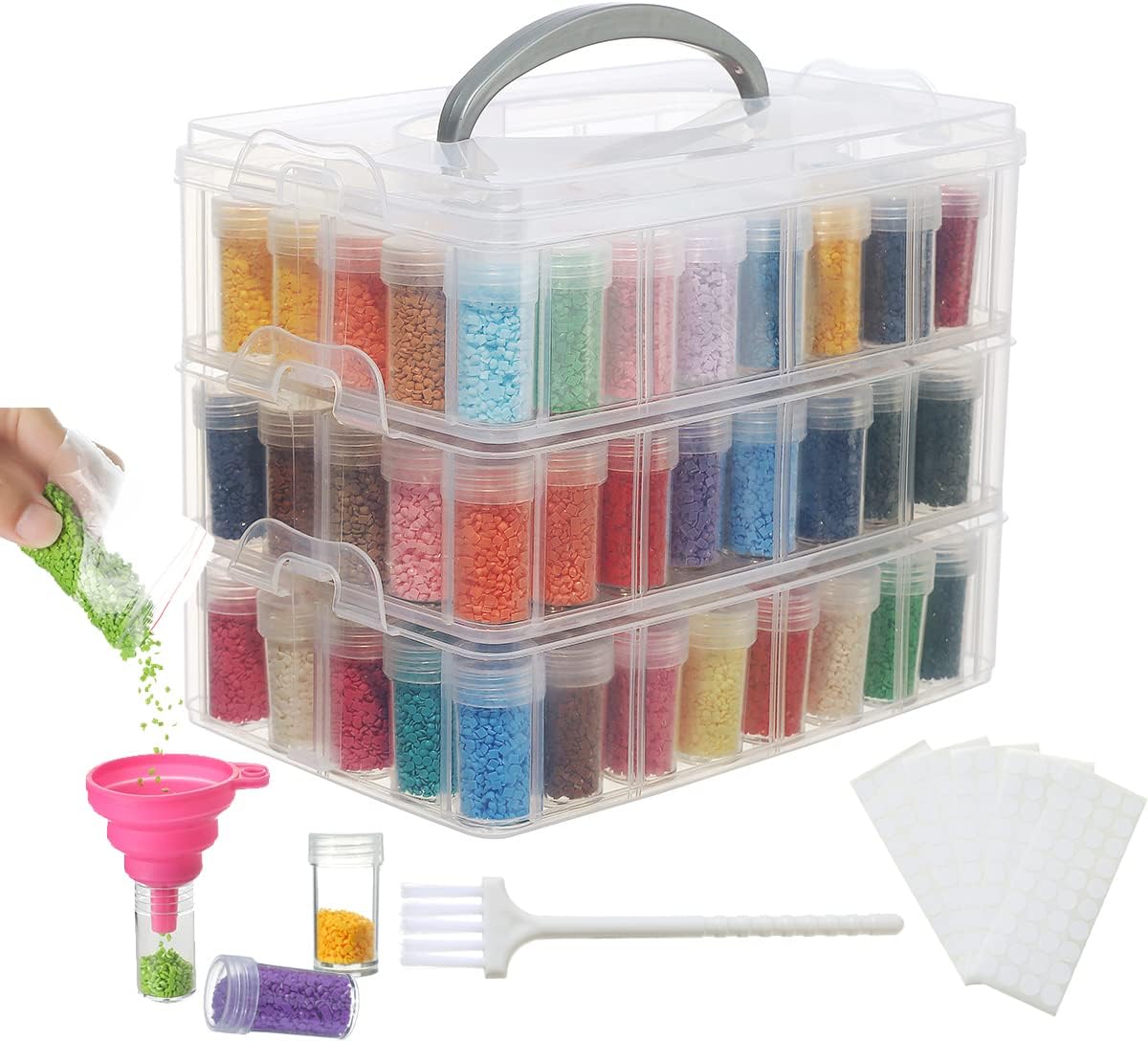 Douorgan 3-Tier Diamond Painting Storage Containers Portable Bead Organizer and Storage Box Stackable Arts & Crafts Organizers for Nail Charms Seed, 132 Round, Funnel, Stickers