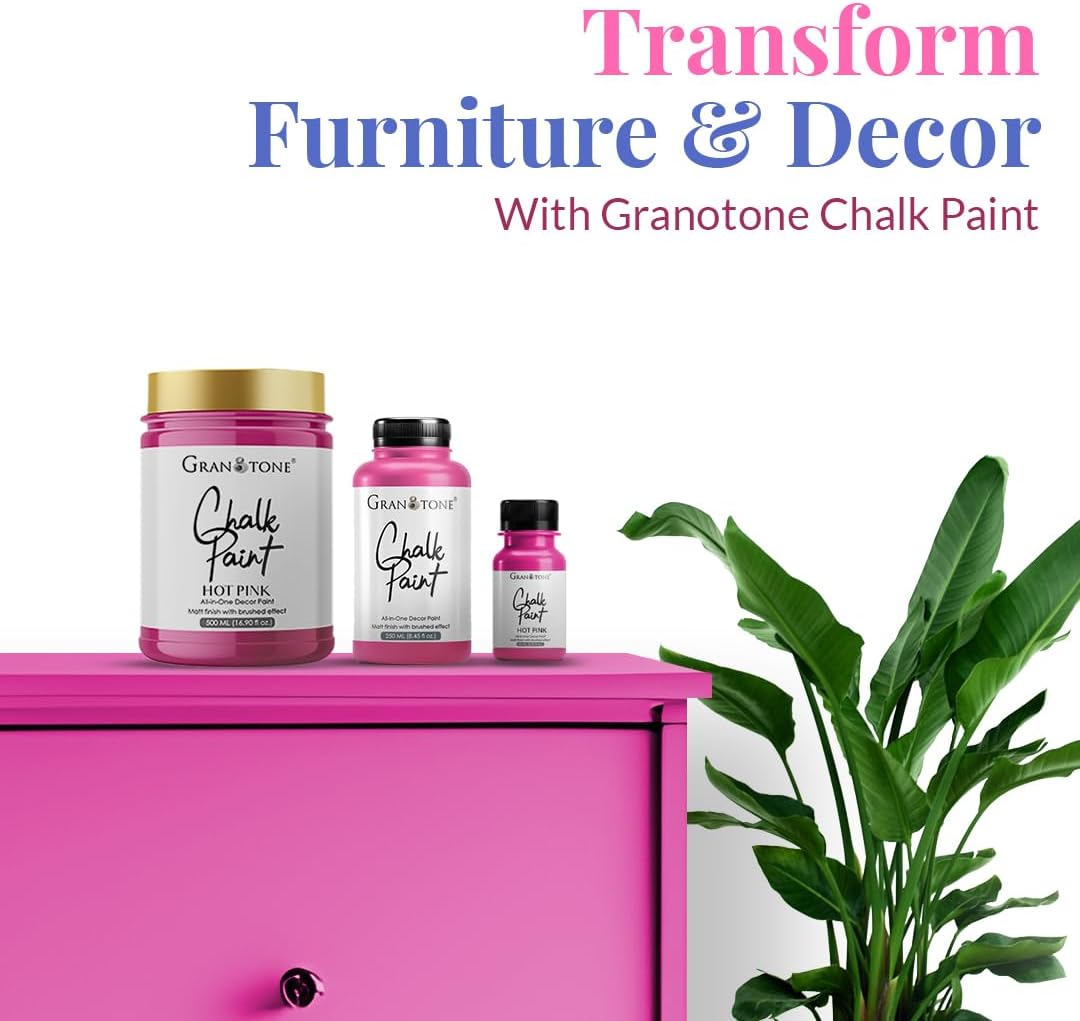 GRANOTONE Chalk Paint for Furniture | Matt-Finish Water-Based Acrylic Paint for Wood, Walls, Metal, Glass, Paper, Fabric Canvas | Maximum Coverage Chalk Paint for Kids & Adults, 500 Ml (HOT PINK)