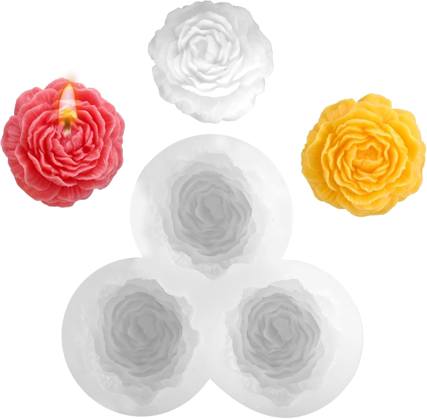 3 Cavity Peony Candle Molds, Silicone Flower Molds for Candles Crafts Casting, 3D Round Candle Making Soap Molds for Epoxy Resin Wax, DIY Handmade Gifts Clay Pop Flower Silicone Mold Home Decoration