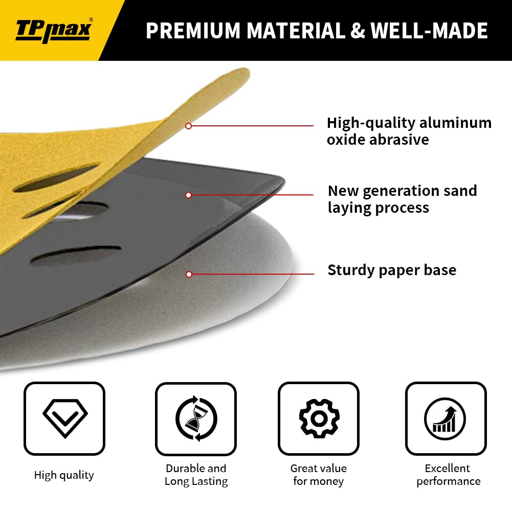100PCS 5 Inch 180 Grit 125mm 8 Hole Sanding Discs Sandpaper - Premium Gold Round Hook and Loop for Random Orbital Sander - Ideal for Wood, Metal, Automotive