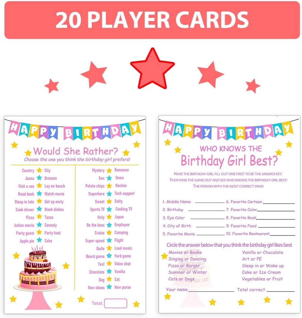 Birthday Party Games Set for Girls- 20 Birthday Double Sided Games Cards Set- Girls Birthday Party Activity Notebook Themed Party Activity and Idea - Girl Birthday Supplies, Activity, Decorations