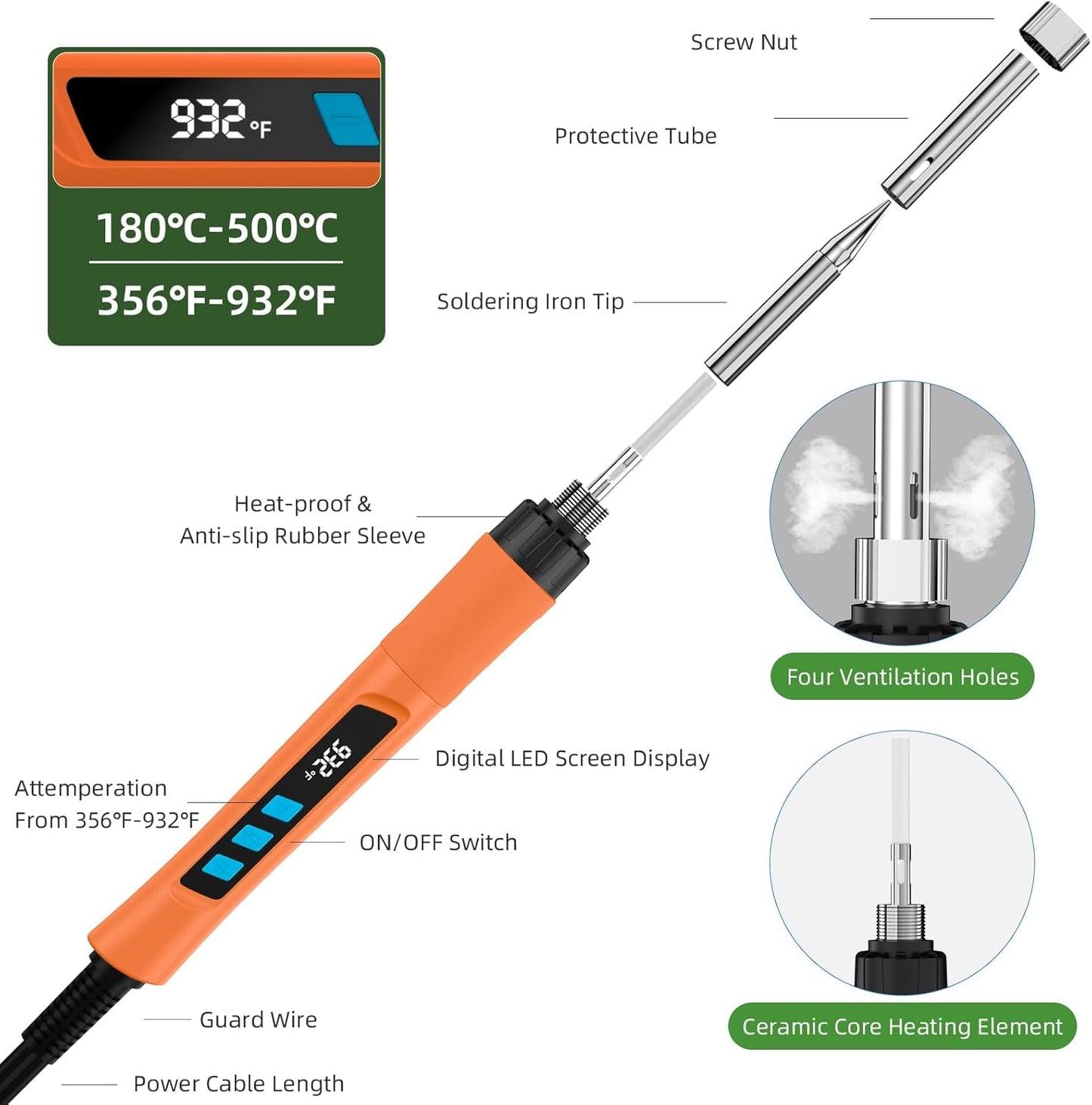 Soldering Iron Kit, 190W Soldering Gun, 110V LED Solder Kit for Electronics, Adjustable Temperature 356-932℉, Includes Solder Wire, Sucker, Tips, Stand, Tweezers, Paste and Solid Wood Box, Orange