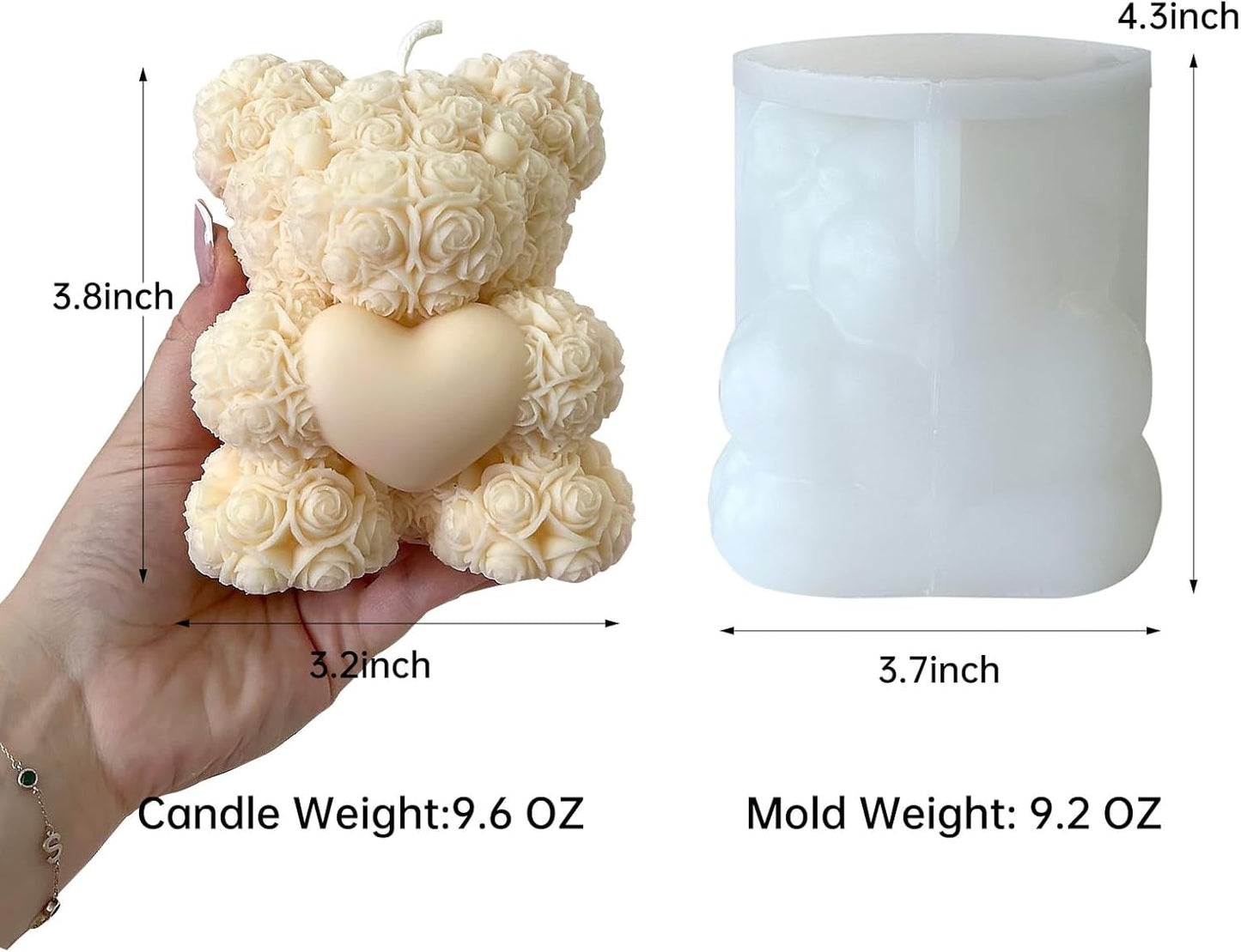 Rose Bear Silicone Mold - 3D Teddy Bear Candle Making Molds, Cute Epoxy Resin Molds for DIY Handmade Soaps, Mother's Day Gifts, Father's Day Gifts, Birthday Gifts (Extra Large)