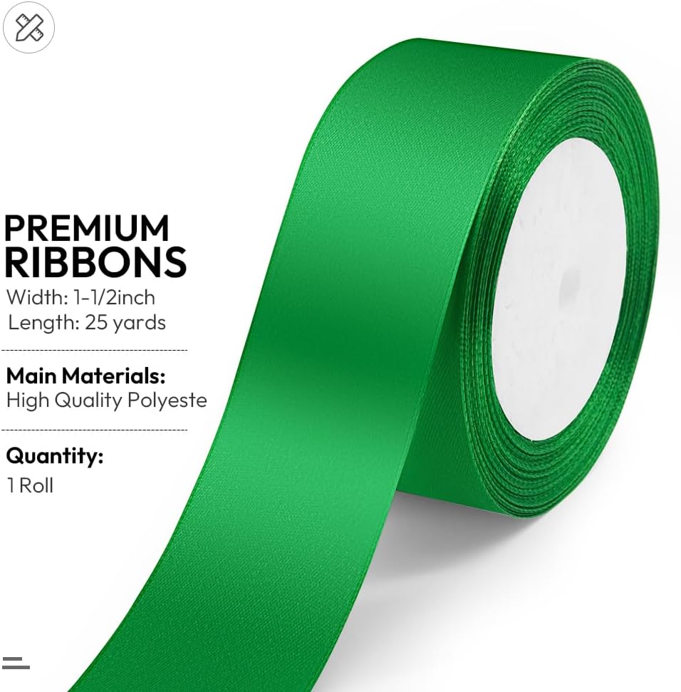 KMER LIFE Green Ribbon 1-1/2 Inches x 25 Yards Satin Ribbons Perfect for Halloween, Wreath, Corset, Floral, Floral Arrangement, Christmas, Wedding Party Decoration, Bow Making & Other Projects