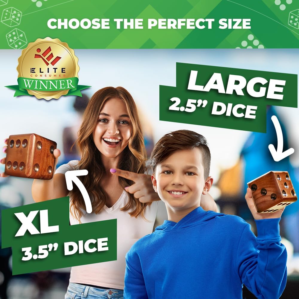 SWOOC Games - Yardzee, Farkle & 20+ Giant Dice Games (All Weather) Yard Dice with Wooden Bucket, 5 Scorecards & Marker - Jumbo Dice Yard Game - Extra Large Yard Games for Adults - Jumbo Lawn Games