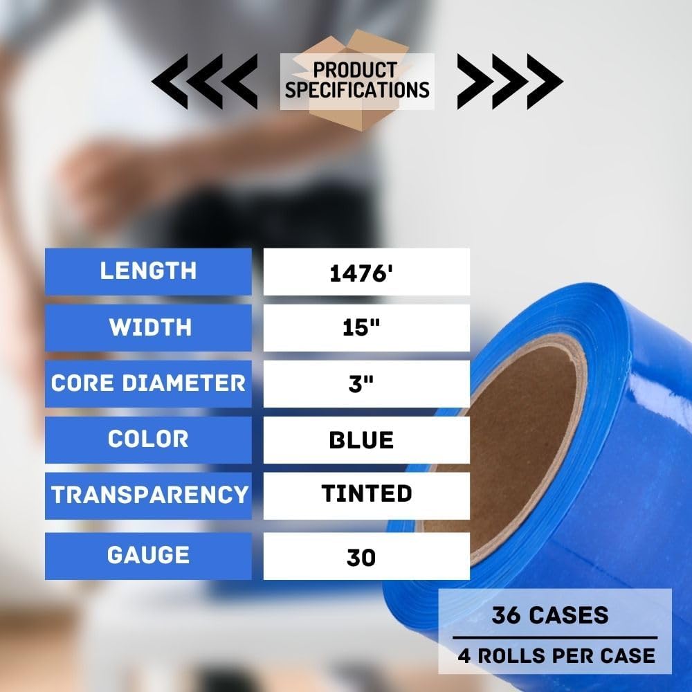 PSBM Blue Stretch Wrap, 15 Inch x 1476 Feet, 144 Pack, Tinted Pre-Stretched Shrink Wrap Film for Moving, Packaging, Pallet Wrapping